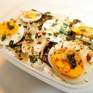 お弁当　海苔とゆで卵と干しえびの山葵ふりかけご飯